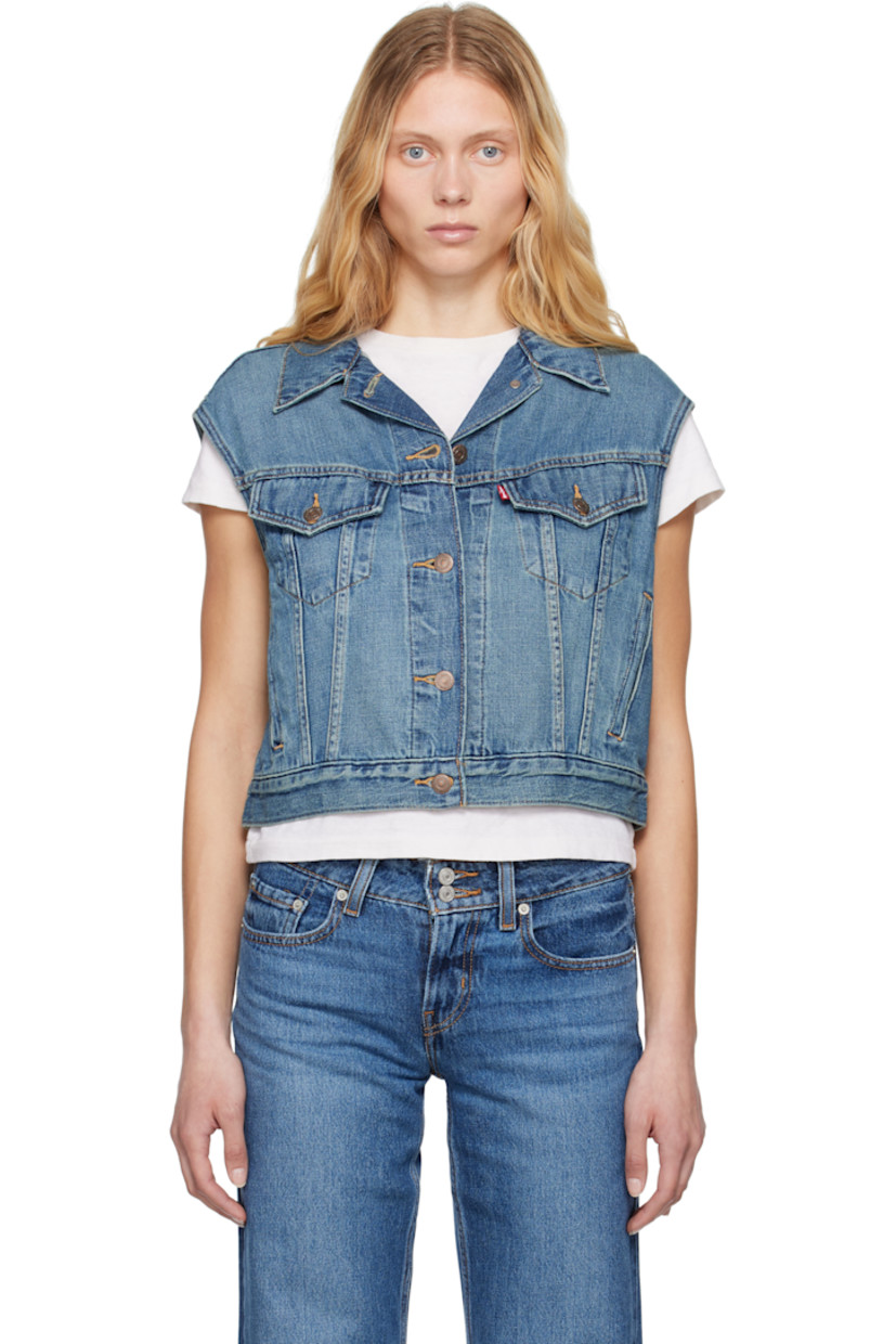 Non-stretch cotton- and linen-blend denim vest. Fading throughout.

· Lightweight 
· Spread collar
· Button closure
· Logo flag at chest
· Flap and welt pockets
· Cropped hem
· Twin pleats at back 
· Adjustable button tabs at back hem
· Logo-engraved antiqued bronze-tone hardware
· Contrast stitching in tan

Supplier color: Stop flaxing