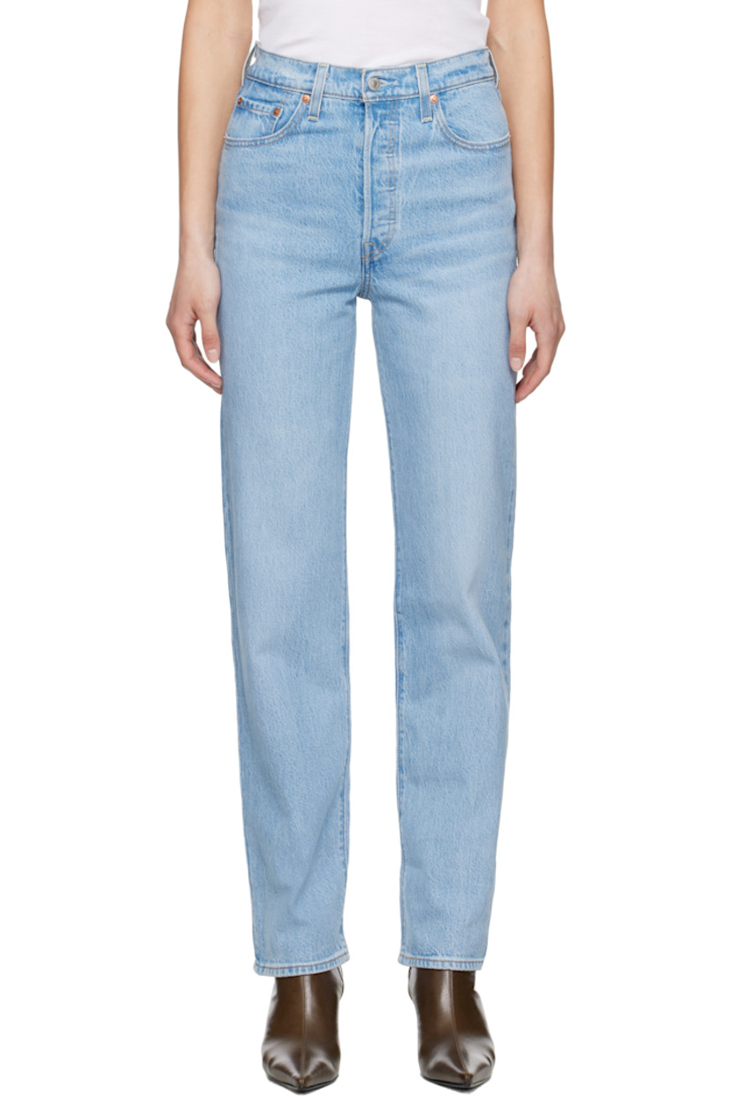 Straight-leg and slim-fit stretch denim jeans. Fading and whiskering throughout.

· High-rise
· Belt loops
· Five-pocket styling
· Button fly
· Leather logo patch at back waistband
· Logo flag at back pocket
· Logo-engraved silver- and copper-tone hardware
· Contrast stitching in tan

Supplier color: Samba tango light