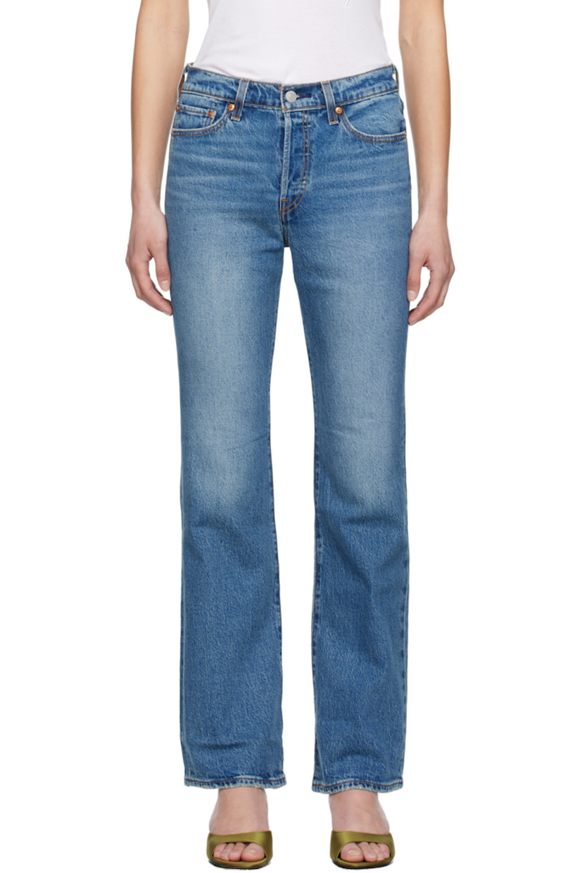 Bootcut stretch denim jeans. Fading, whiskering, and subtle distressing throughout.

· High-rise
· Belt loops
· Five-pocket styling
· Button fly
· Leather logo patch at back waistband
· Logo flag at back pocket
· Logo-engraved silver- and copper-tone hardware
· Contrast stitching in tan

Supplier color: Fair point