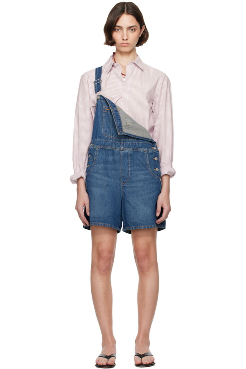 Non-stretch denim overalls. Fading and whiskering throughout. 

· Square neck
· Patch pocket and logo patch at chest
· Four-pocket styling
· Mock fly
· Button fastening at outseams
· Adjustable shoulder straps
· Logo flag at back pocket
· Logo-engraved silver-tone hardware
· Contrast stitching in tan

Supplier color: Anniversary party/Dark wash