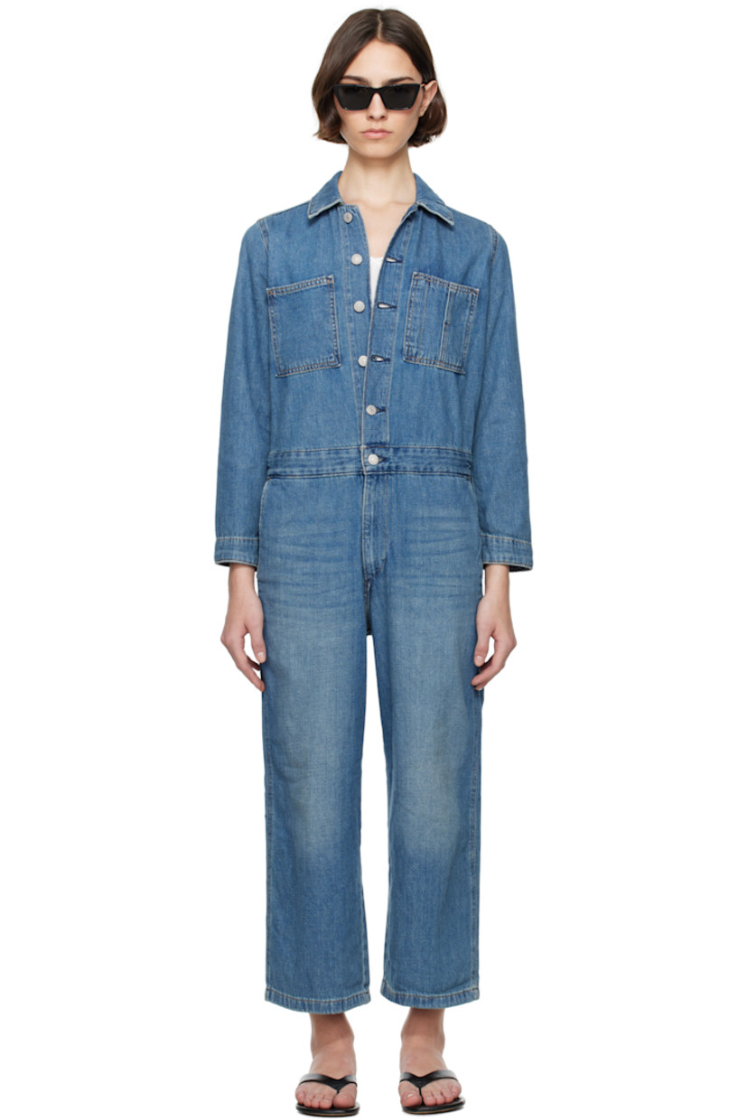 Straight-leg non-stretch cotton- and linen-blend denim jumpsuit. Fading and whiskering throughout. 

· Spread collar 
· Button closure
· Patch pockets at chest
· Four-pocket styling
· Zip fly 
· Buttoned barrel cuffs
· Logo flag at back pocket
· Logo-engraved silver-tone hardware 
· Contrast stitching in tan 

Supplier color: Stop flaxing jumpsuit/Medium wash