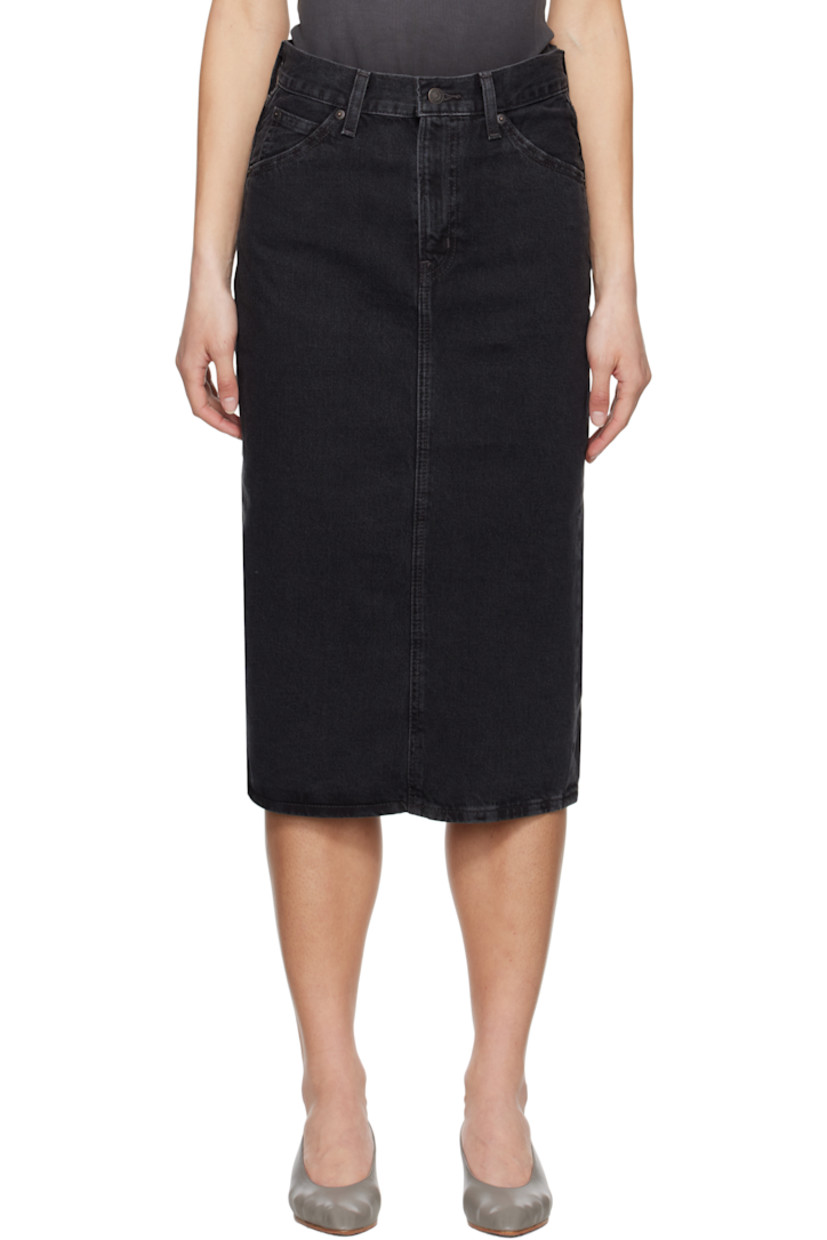 Slim-fit non-stretch denim midi skirt. Fading throughout.

· High-rise
· Belt loops
· Five-pocket styling
· Zip fly
· Jacron logo patch at back waistband
· Logo flag at back pocket
· Central vent at back hem
· Logo-engraved antiqued bronze-tone hardware

Supplier color: Open mind/Black