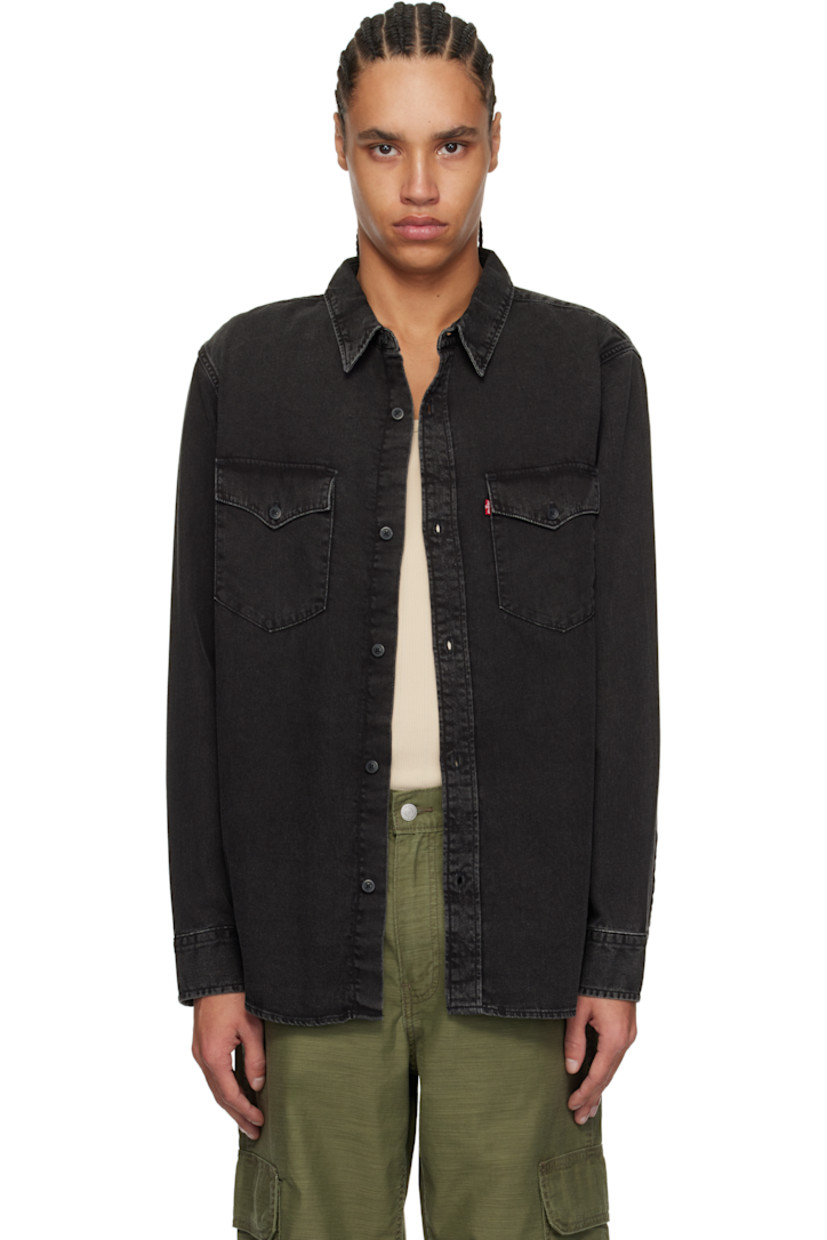 Non-stretch denim overshirt. Fading throughout. 

· Spread collar
· Button closure
· Flap pockets at chest
· Logo flag at chest pocket
· Shirttail hem
· Single-button barrel cuffs

Supplier color: Cava washed black/Grey