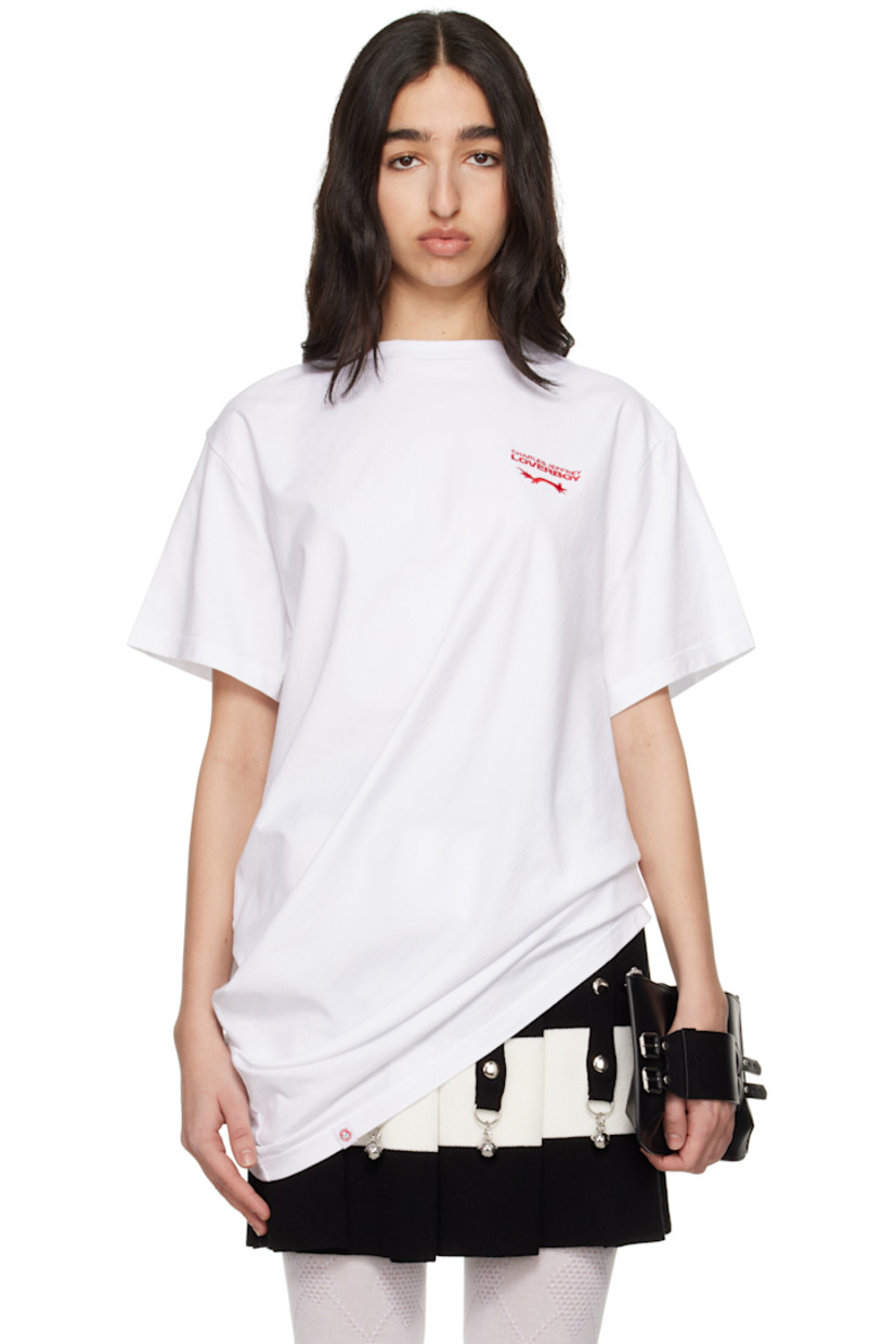 Organic cotton jersey T-shirt. Draping throughout.

· Twisted construction
· Rib-knit crewneck
· Logo embroidered at chest
· Logo patch at asymmetric hem

Supplier color: White