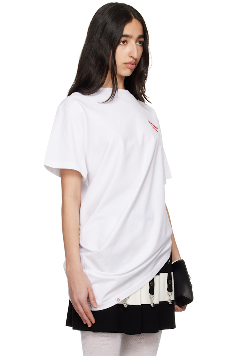 Organic cotton jersey T-shirt. Draping throughout.

· Twisted construction
· Rib-knit crewneck
· Logo embroidered at chest
· Logo patch at asymmetric hem

Supplier color: White