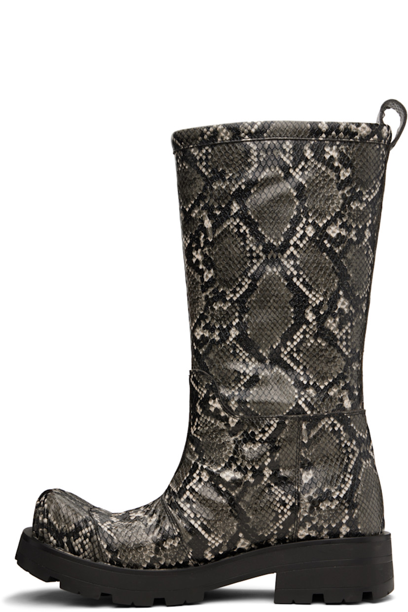 Mid-calf snake-embossed faux-leather boots in gray. 

· Modified square toe
· Logo plaque at outer side
· Pull-loop at heel collar
· Buffed leather lining
· Stacked rubber heel
· Treaded rubber sole
· Heel: H1.75"

Supplier color: Grey snake