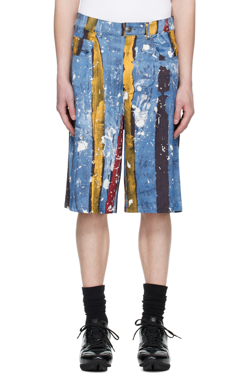 Stretch viscose twill shorts. Stripes, paint splatter, and trompe l'oeil denim pattern printed throughout.

· Belt loops
· Five-pocket styling
· Zip fly
· Leather logo patch at back waistband
· Logo flag at back pocket
· Logo-engraved gunmetal-tone hardware

Supplier color: Painted stripe