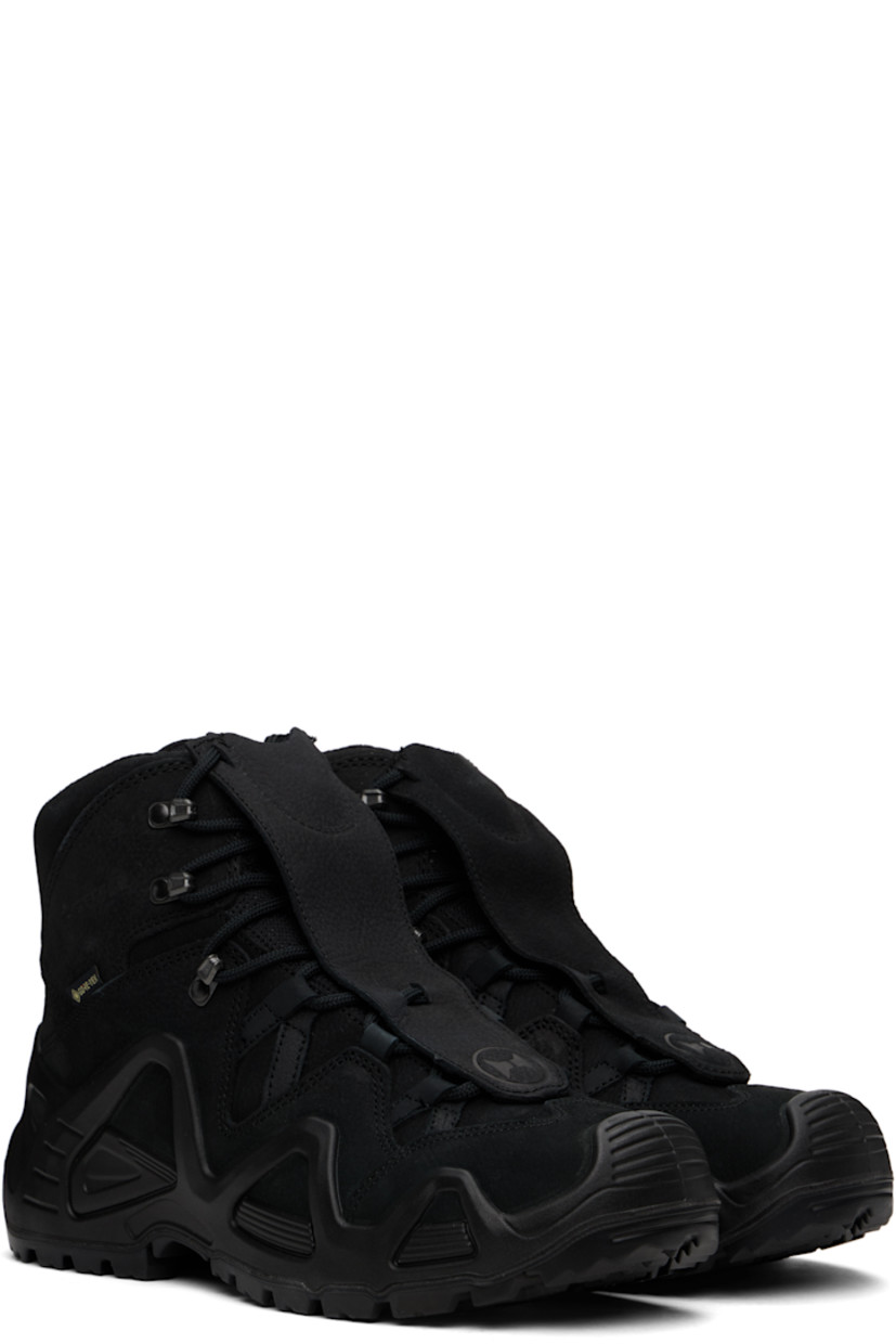 Mid-top GORE-TEX® nubuck and grained leather sneakers in black.

· Lightweight, waterproof, and tear-resistant
· Logo printed at vamp and outer side
· Concealed lace-up closure
· Padded tongue and collar
· Pull-loop at heel tab
· Mesh lining
· MONOWRAP stability frame at midsole
· Treaded X-TRAC® rubber sole

Part of the AFFXWRKS x LOWA collaboration.

Supplier color: Black/Black