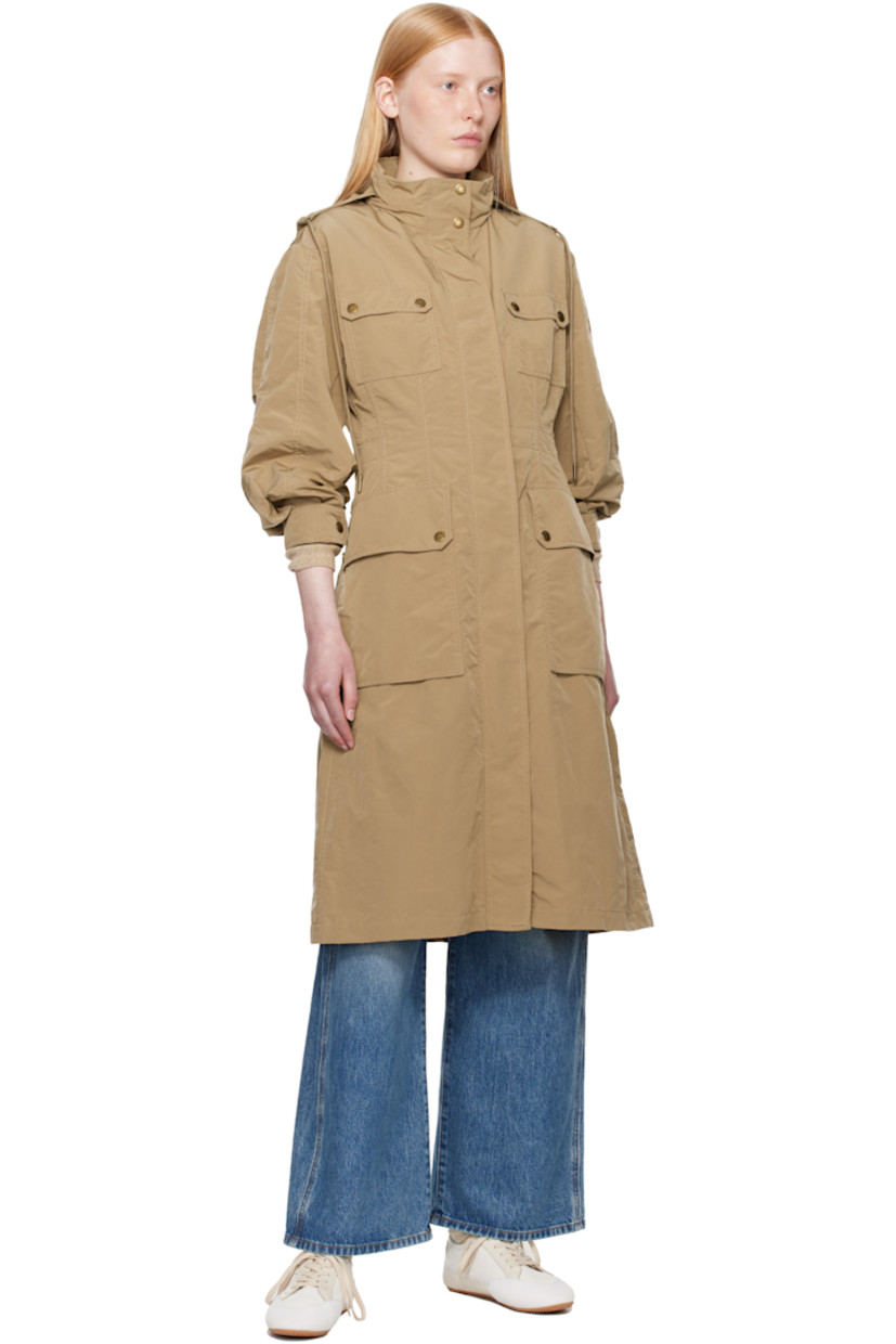 Polyester- and nylon-blend taffeta coat.

· Drawstring at stowaway hood
· Stand collar
· Two-way zip closure with press-stud placket
· Flap pockets
· Felted logo patch at sleeve
· Pleats at elbows
· Press-stud barrel cuffs
· Bungee-style drawstring at interior waist
· Full mesh and satin lining

Supplier color: Beige
