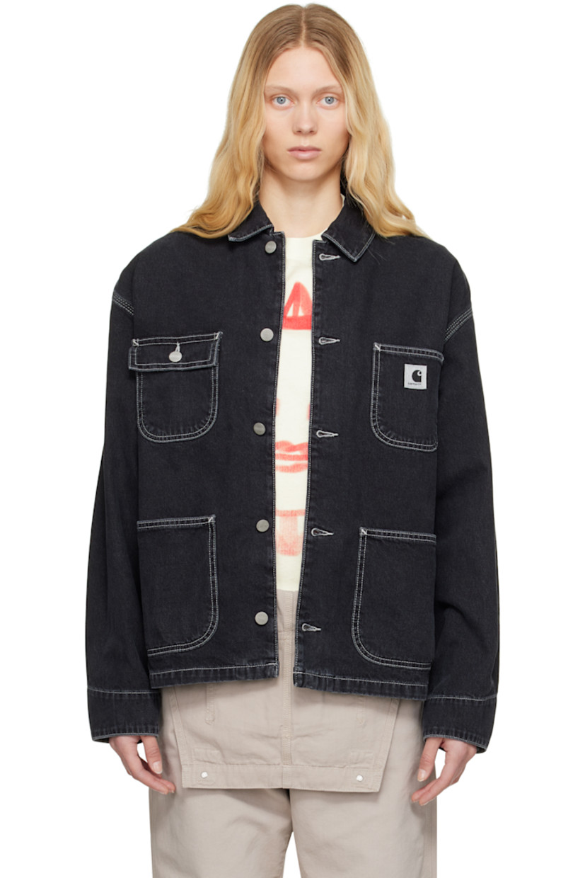 Stonewashed 11.25 oz non-stretch denim jacket. Fading throughout. 

· Loose-fit 
· Button closure
· Logo patch at chest
· Flap pocket and patch pockets
· Adjustable button fastening at cuffs
· Unlined
· Logo-engraved silver-tone hardware
· Contrast stitching in white

Supplier color: Black (stone washed)