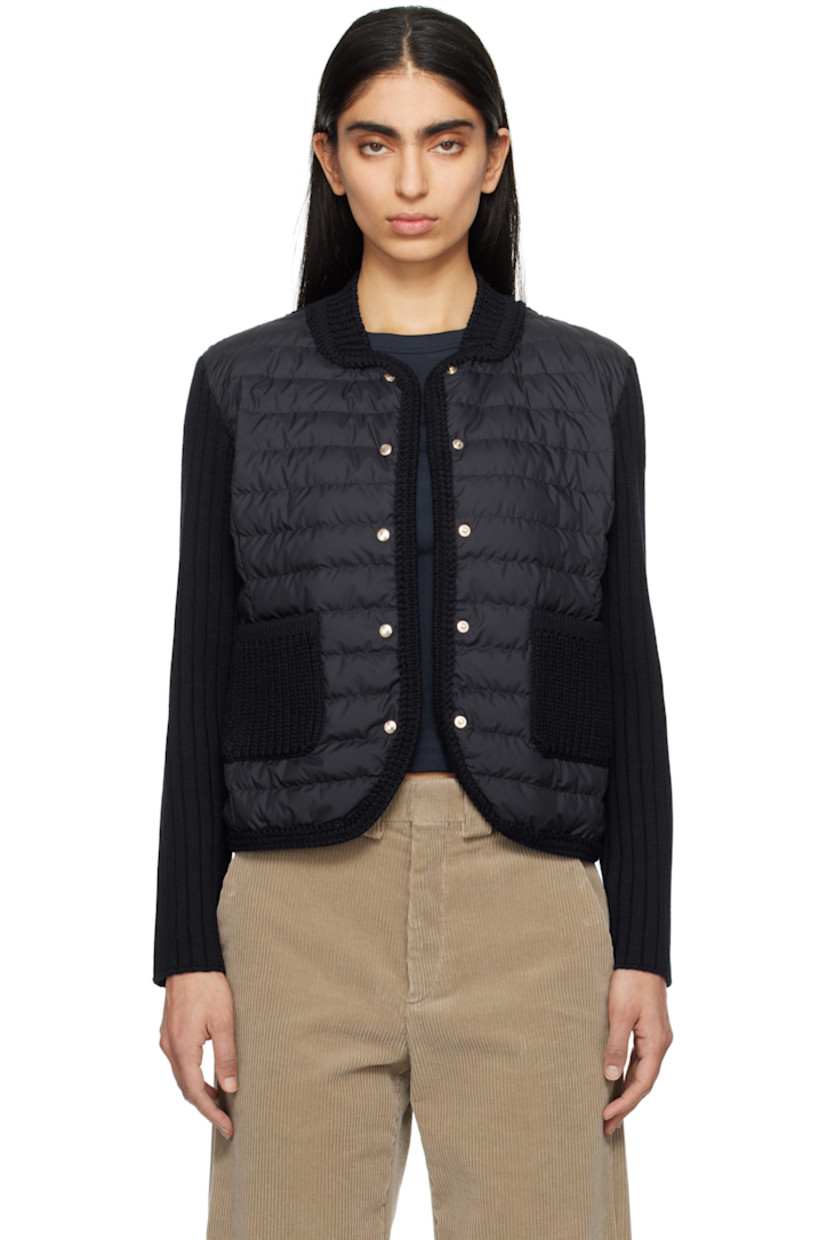 Down-filled quilted polyester satin and 7-gauge rib-knit virgin wool cardigan.

· Paneled construction
· Stand collar
· Press-stud closure 
· Patch pockets
· Logo patch at sleeve
· Partial satin lining

Supplier color: Navy blue

Fill: 90% goose down, 10% feather.