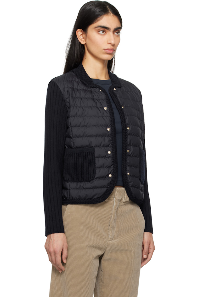 Down-filled quilted polyester satin and 7-gauge rib-knit virgin wool cardigan.

· Paneled construction
· Stand collar
· Press-stud closure 
· Patch pockets
· Logo patch at sleeve
· Partial satin lining

Supplier color: Navy blue

Fill: 90% goose down, 10% feather.