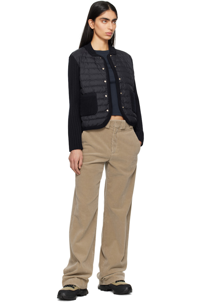 Down-filled quilted polyester satin and 7-gauge rib-knit virgin wool cardigan.

· Paneled construction
· Stand collar
· Press-stud closure 
· Patch pockets
· Logo patch at sleeve
· Partial satin lining

Supplier color: Navy blue

Fill: 90% goose down, 10% feather.