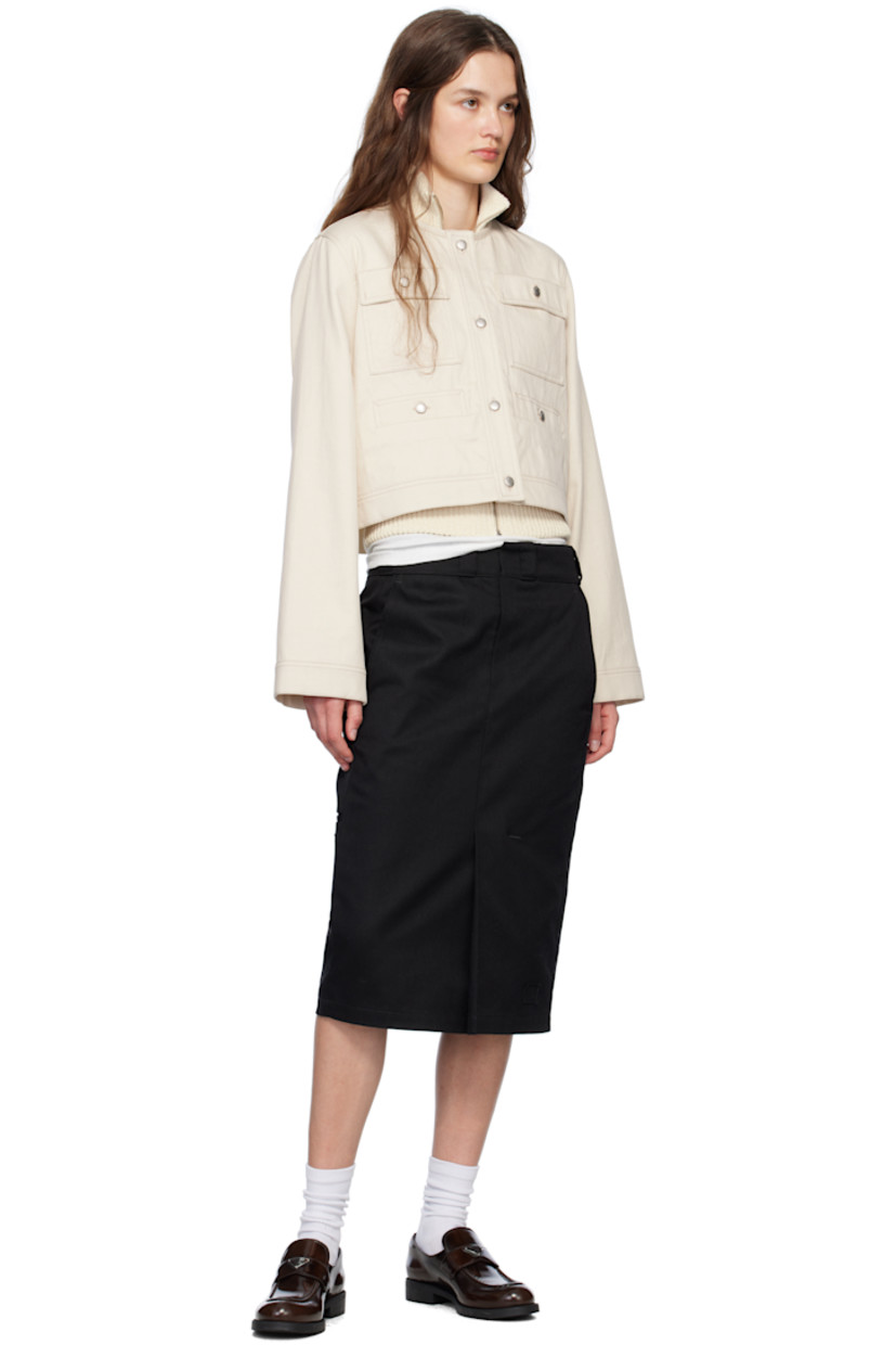 Non-stretch cotton- and flax-blend denim jacket. 

· Paneled construction 
· Round neck
· Button closure
· Flap pockets
· Welt pockets
· Logo patch at sleeve
· Buttoned barrel cuffs
· Nylon satin panel and gathering at back  
· Partial satin lining
· Logo-engraved silver-tone hardware

Supplier color: White