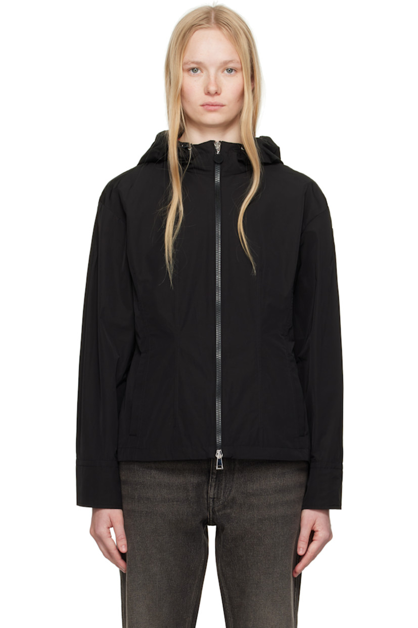 Polyester- and cotton-blend taffeta jacket. 

· Bungee-style drawstring at hood
· Stand collar
· Two-way zip closure
· Welt pockets
· Darts at front
· Gathering at sleeves
· Embroidered logo patch at sleeve
· Buttoned barrel cuffs
· Elasticized trim at back waist
· Fully lined

Supplier color: Black