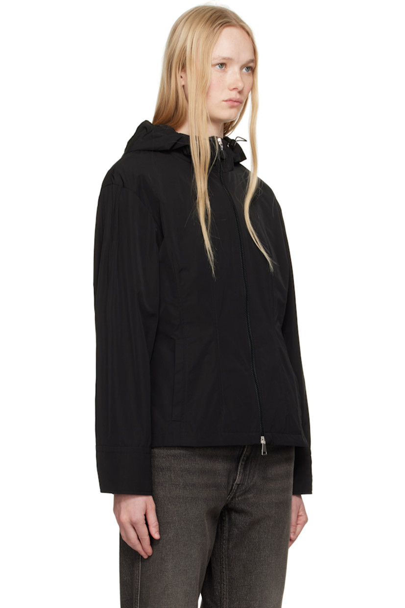 Polyester- and cotton-blend taffeta jacket. 

· Bungee-style drawstring at hood
· Stand collar
· Two-way zip closure
· Welt pockets
· Darts at front
· Gathering at sleeves
· Embroidered logo patch at sleeve
· Buttoned barrel cuffs
· Elasticized trim at back waist
· Fully lined

Supplier color: Black