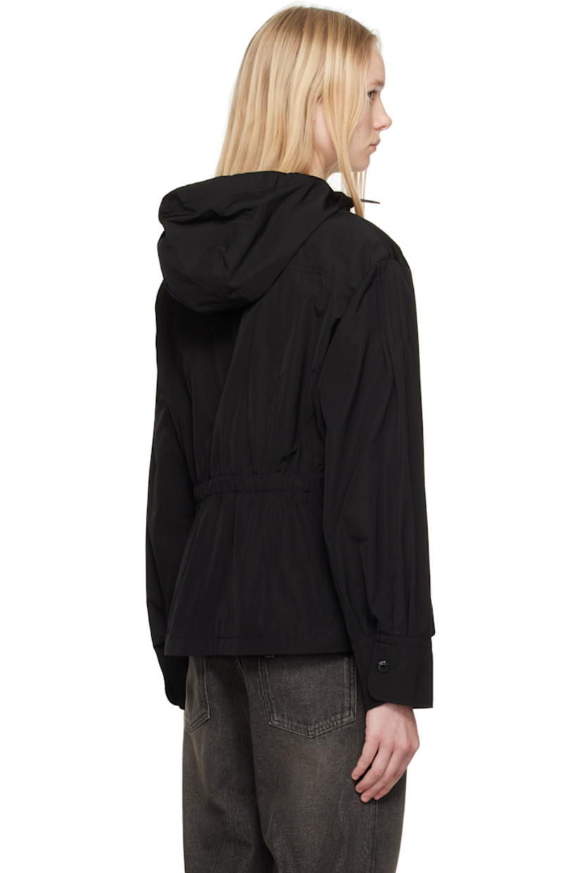 Polyester- and cotton-blend taffeta jacket. 

· Bungee-style drawstring at hood
· Stand collar
· Two-way zip closure
· Welt pockets
· Darts at front
· Gathering at sleeves
· Embroidered logo patch at sleeve
· Buttoned barrel cuffs
· Elasticized trim at back waist
· Fully lined

Supplier color: Black