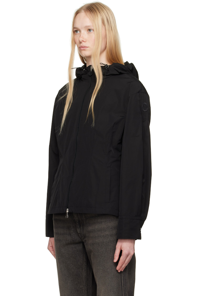 Polyester- and cotton-blend taffeta jacket. 

· Bungee-style drawstring at hood
· Stand collar
· Two-way zip closure
· Welt pockets
· Darts at front
· Gathering at sleeves
· Embroidered logo patch at sleeve
· Buttoned barrel cuffs
· Elasticized trim at back waist
· Fully lined

Supplier color: Black