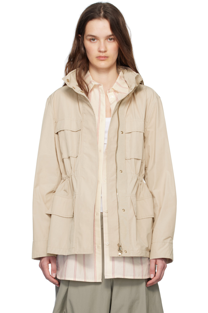 Polyester- and cotton-blend taffeta jacket. 

· Stowaway hood at stand collar
· Two-way zip closure
· Press-stud placket 
· Flap pockets
· Logo patch at sleeve
· Pleats at adjustable press-stud barrel cuffs
· Pintucks at back
· Bungee-style drawstring at interior waist
· Unlined

Supplier color: Beige