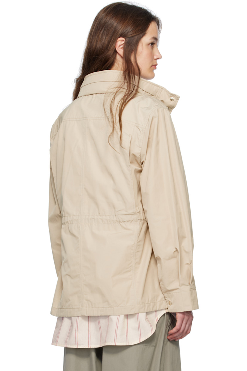 Polyester- and cotton-blend taffeta jacket. 

· Stowaway hood at stand collar
· Two-way zip closure
· Press-stud placket 
· Flap pockets
· Logo patch at sleeve
· Pleats at adjustable press-stud barrel cuffs
· Pintucks at back
· Bungee-style drawstring at interior waist
· Unlined

Supplier color: Beige