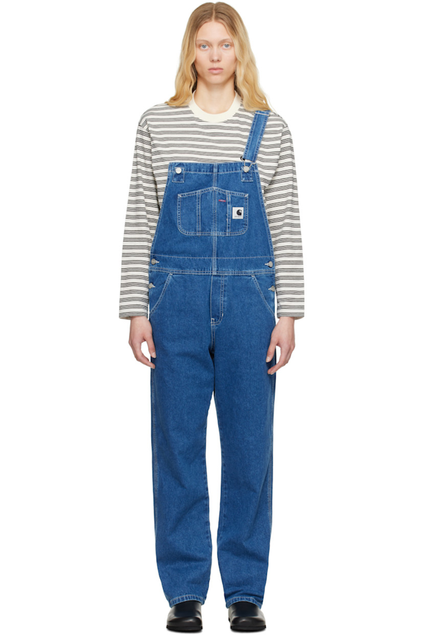 Stonewashed 11.25 oz non-stretch denim overalls. Fading throughout.

· Straight-leg 
· Square neck
· Patch pockets at chest
· Logo patch at chest and back pocket
· Four-pocket styling
· Mock fly
· Button fastening at sides
· Adjustable shoulder straps
· Logo-engraved silver-tone hardware
· Contrast stitching in white

Supplier color: Blue (stone washed)
