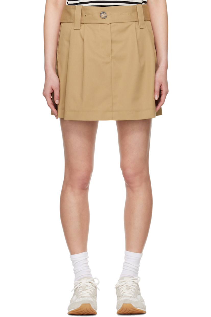 Polyester- and cotton-blend gabardine miniskirt. 

· Belt loops 
· Detachable adjustable button belt at waistband
· Four-pocket styling
· Zip fly
· Pleats at front
· Felted logo patch at back pocket

Supplier color: Beige