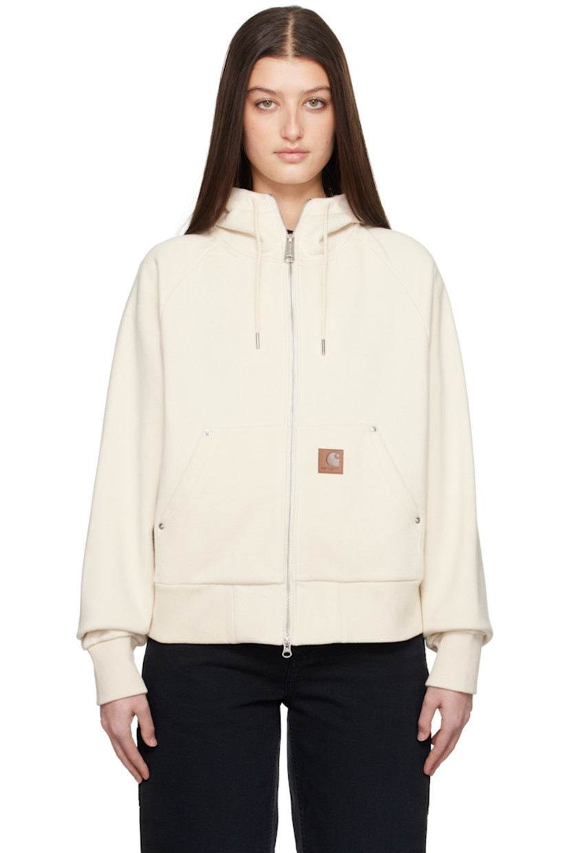 Loose- and boxy-fit cotton-bend French terry hoodie. 

· Drawstring at hood
· Two-way zip closure
· Faux-leather logo patch and rivets at front
· Patch pockets
· Rib-knit hem and cuffs
· Raglan sleeves
· Logo-engraved silver-tone hardware

Supplier color: Natural
