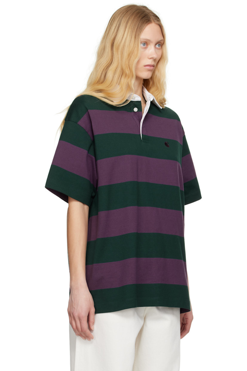 Yarn-dyed 260 gsm cotton jersey polo. Intarsia stripes throughout.

· Loose-fit
· Cotton twill spread collar
· Concealed three-button placket
· Logo embroidered at chest
· Tennis-tail hem
· Dropped shoulders

Supplier color: Seffner stripe/Conifer