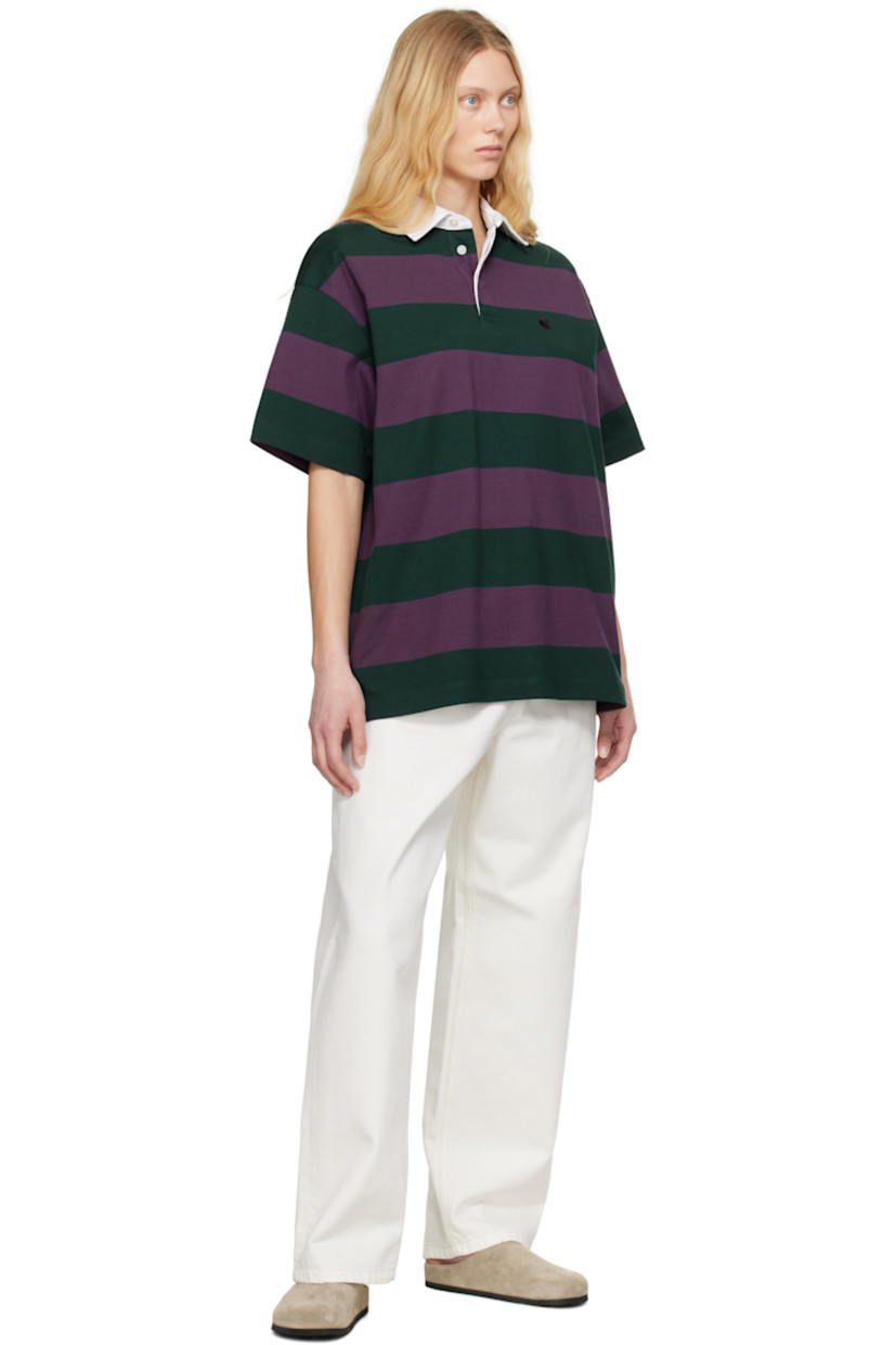 Yarn-dyed 260 gsm cotton jersey polo. Intarsia stripes throughout.

· Loose-fit
· Cotton twill spread collar
· Concealed three-button placket
· Logo embroidered at chest
· Tennis-tail hem
· Dropped shoulders

Supplier color: Seffner stripe/Conifer
