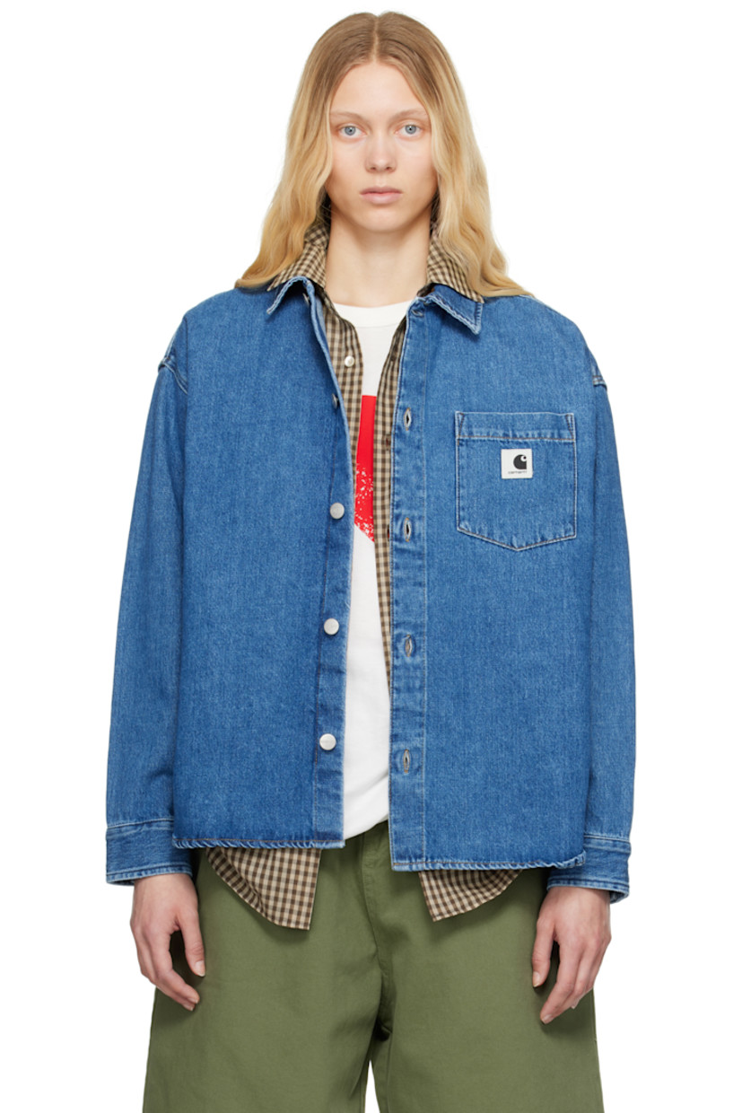 Stonewashed 10.5 oz non-stretch denim shirt. Fading throughout.

· Spread collar
· Button closure
· Patch pocket and logo patch at chest
· Shirttail hem
· Dropped shoulders
· Buttoned barrel cuffs
· Logo-engraved silver-tone hardware
· Contrast stitching in tan

Supplier color: Blue (stone washed)