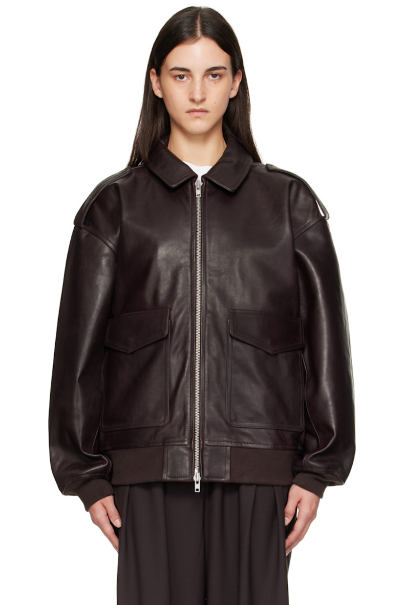 Heavyweight grained leather jacket.

· Oversized
· Spread collar
· Two-way zip closure
· Flap pockets and concealed welt pockets at waist 
· Fixed epaulets
· Dropped shoulders
· Rib-knit hem and cuffs
· Full satin lining

Supplier color: Dark Plum