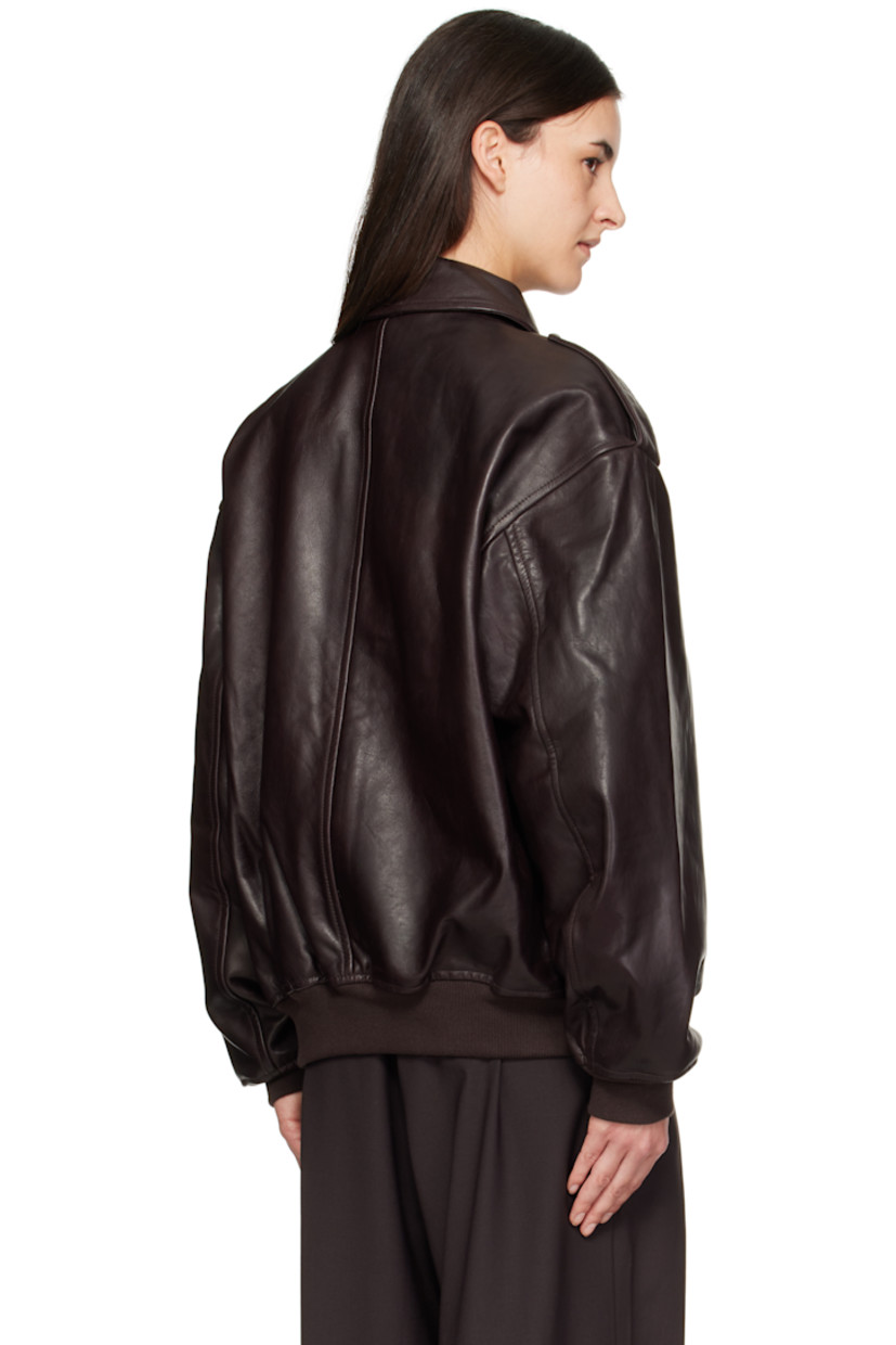 Heavyweight grained leather jacket.

· Oversized
· Spread collar
· Two-way zip closure
· Flap pockets and concealed welt pockets at waist 
· Fixed epaulets
· Dropped shoulders
· Rib-knit hem and cuffs
· Full satin lining

Supplier color: Dark Plum