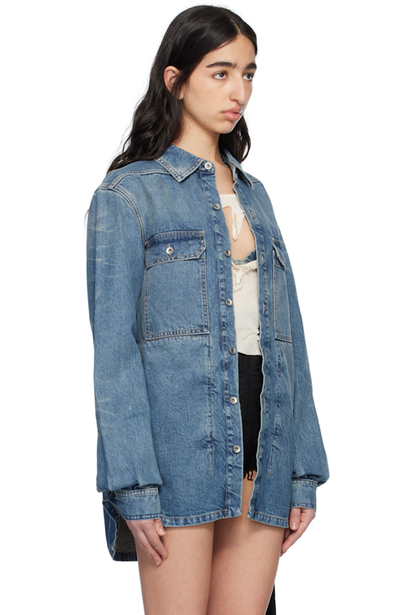 Non-stretch denim jacket. Fading throughout.

· Spread collar
· Button closure
· Flap pockets
· Shirttail hem
· Adjustable buttoned barrel cuffs
· Webbing strap at back yoke
· Zip pockets at interior
· Logo-woven webbing strap at interior
· Contrast stitching in beige

Supplier color: Washed indigo