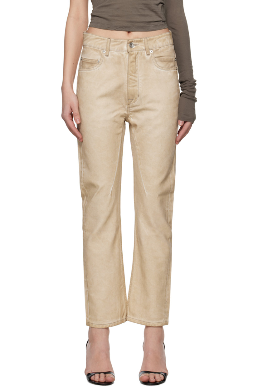 Overdyed and foil-coated non-stretch organic cotton denim jeans. Fading throughout.

· ZDHC-certified denim
· GOTS-certified organic cotton
· Low-rise
· Belt loops
· Six-pocket styling
· Zip fly
· Cropped leg
· Dart at inseams

Supplier color: Parchment