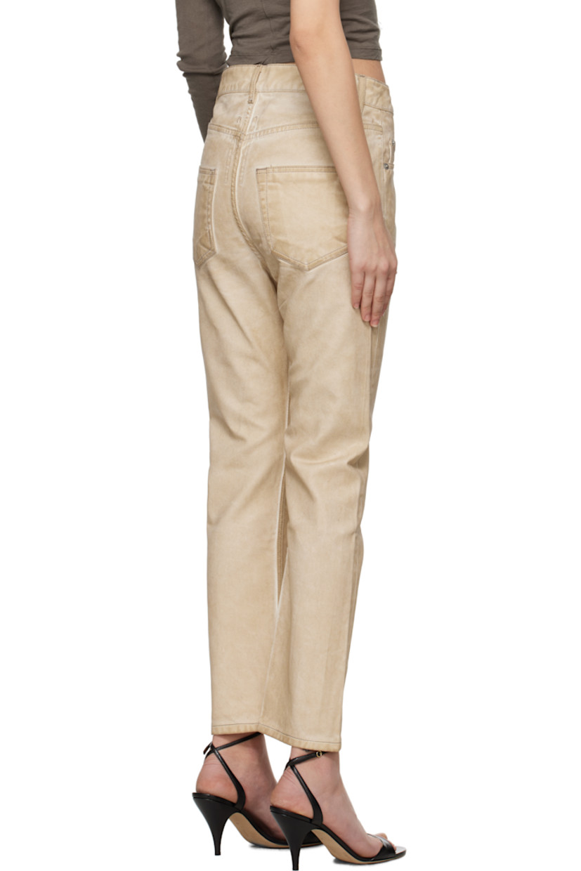 Overdyed and foil-coated non-stretch organic cotton denim jeans. Fading throughout.

· ZDHC-certified denim
· GOTS-certified organic cotton
· Low-rise
· Belt loops
· Six-pocket styling
· Zip fly
· Cropped leg
· Dart at inseams

Supplier color: Parchment