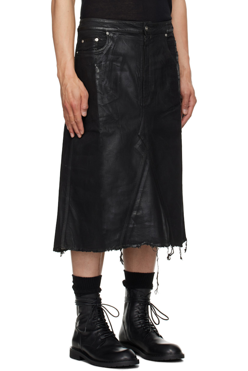 Overdyed and foil-coated 10 oz stretch denim midi skirt. Fading throughout.

· ZDHC-certified
· Six-pocket styling
· Zip fly
· Frayed edge and godet panels at hem
· Silver-tone hardware

Each item is unique. Please note finishings and colorations may vary.

Supplier color: Black
