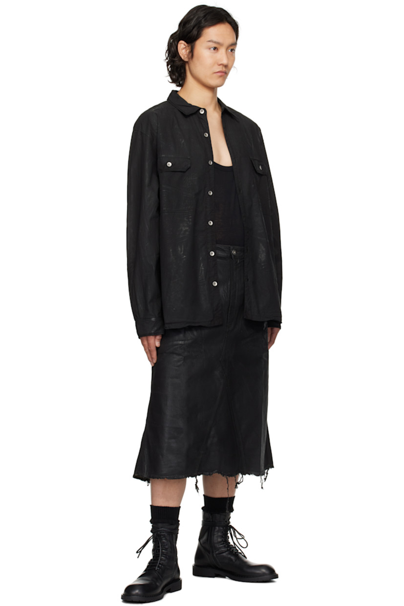 Overdyed and foil-coated 10 oz stretch denim midi skirt. Fading throughout.

· ZDHC-certified
· Six-pocket styling
· Zip fly
· Frayed edge and godet panels at hem
· Silver-tone hardware

Each item is unique. Please note finishings and colorations may vary.

Supplier color: Black