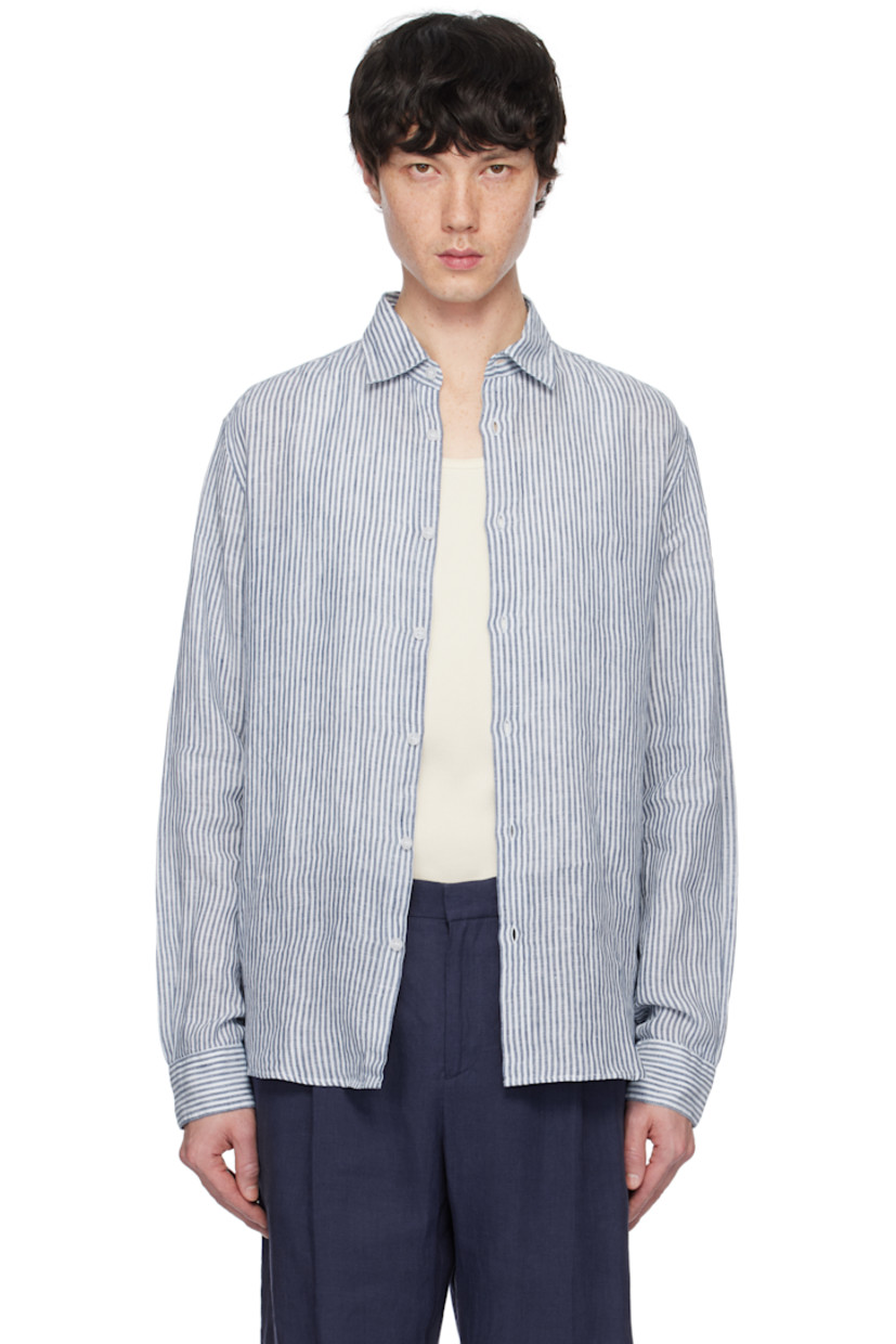 Tessitura Monti plain-woven linen shirt. Striped throughout.

· Spread collar
· Button closure
· Shirttail hem
· Single-button barrel cuffs 

Supplier color: Navy/White