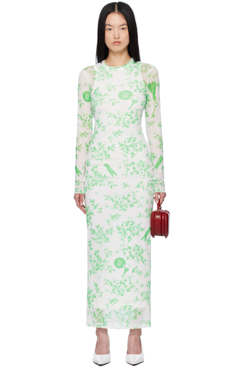 Semi-sheer stretch polyester mesh maxi dress. Floral pattern printed throughout. 

· Crewneck
· Partial jersey lining

Supplier color: Multi white