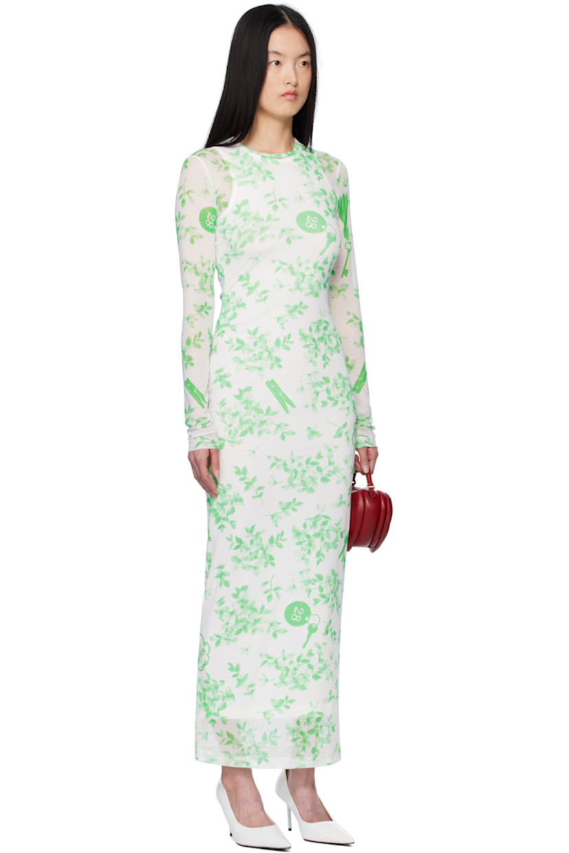 Semi-sheer stretch polyester mesh maxi dress. Floral pattern printed throughout. 

· Crewneck
· Partial jersey lining

Supplier color: Multi white