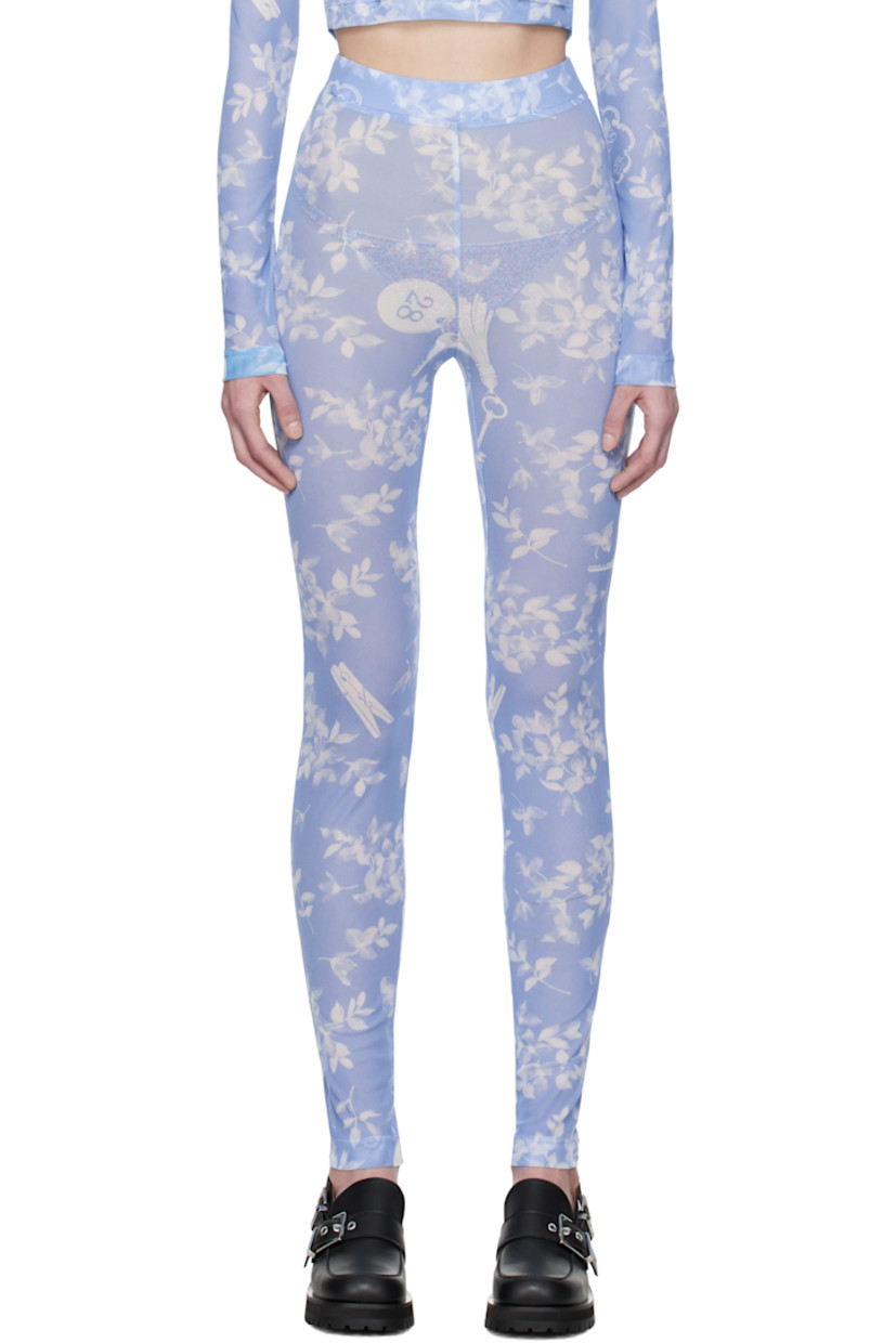 Semi-sheer stretch polyester mesh leggings.

· Graphic pattern throughout
· Elasticized waistband

Supplier color: Multi light blue
