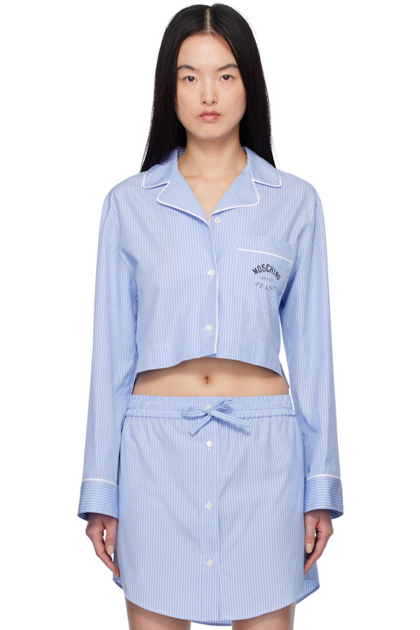 Cotton poplin shirt. Stripes and piping throughout.

· Open spread collar
· Button closure
· Logo printed at patch pocket 
· Tennistail hem 
· Logo-engraved hardware 

Supplier color: Multi light blue