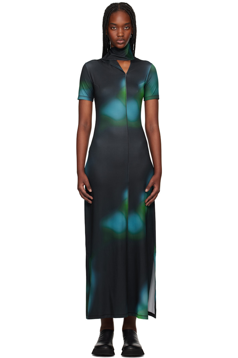 Stretch recycled polyester mesh maxi dress. Graphics printed throughout. 

· Moisture-wicking AEROREADY technology
· Press-stud fastening at mock neck
· Offset V-neck 
· Darts at chest
· Central seam at front and back 
· Vented hem

Supplier color: Multicolor