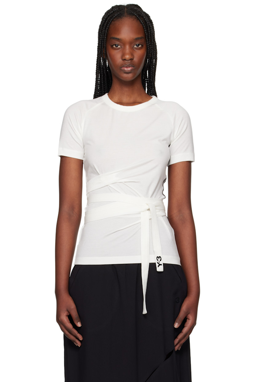 Stretch lyocell jersey T-shirt. 

· Rib-knit crewneck
· Wraparound self-tie straps at front 
· Logo bonded at strap
· Stripes at side seam
· Raglan sleeves 

Supplier color: White