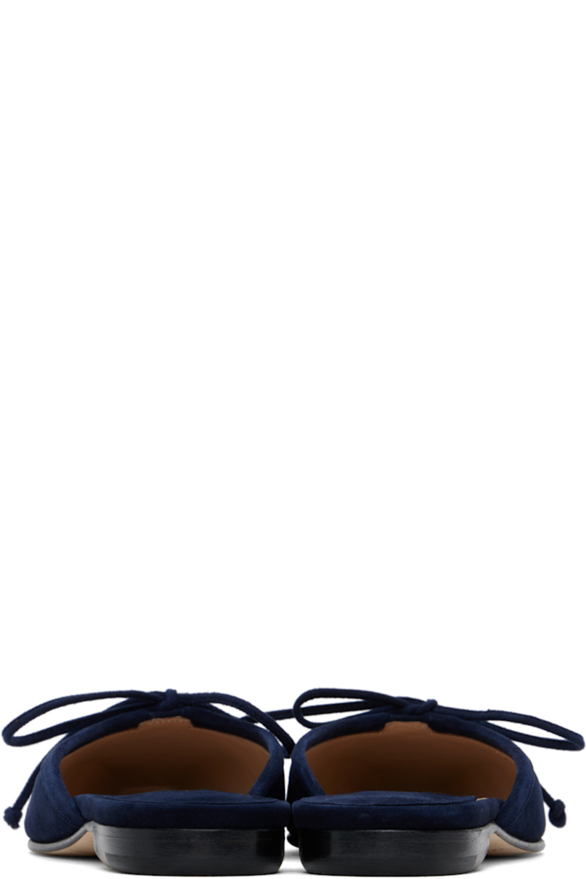 Handcrafted suede slip-on ballerina flats in navy.

· Almond toe
· Bow accent at vamp
· Logo patch at padded footbed
· Buffed goatskin lining
· Stacked leather heel with rubber injection
· Leather sole

Supplier color: Navy