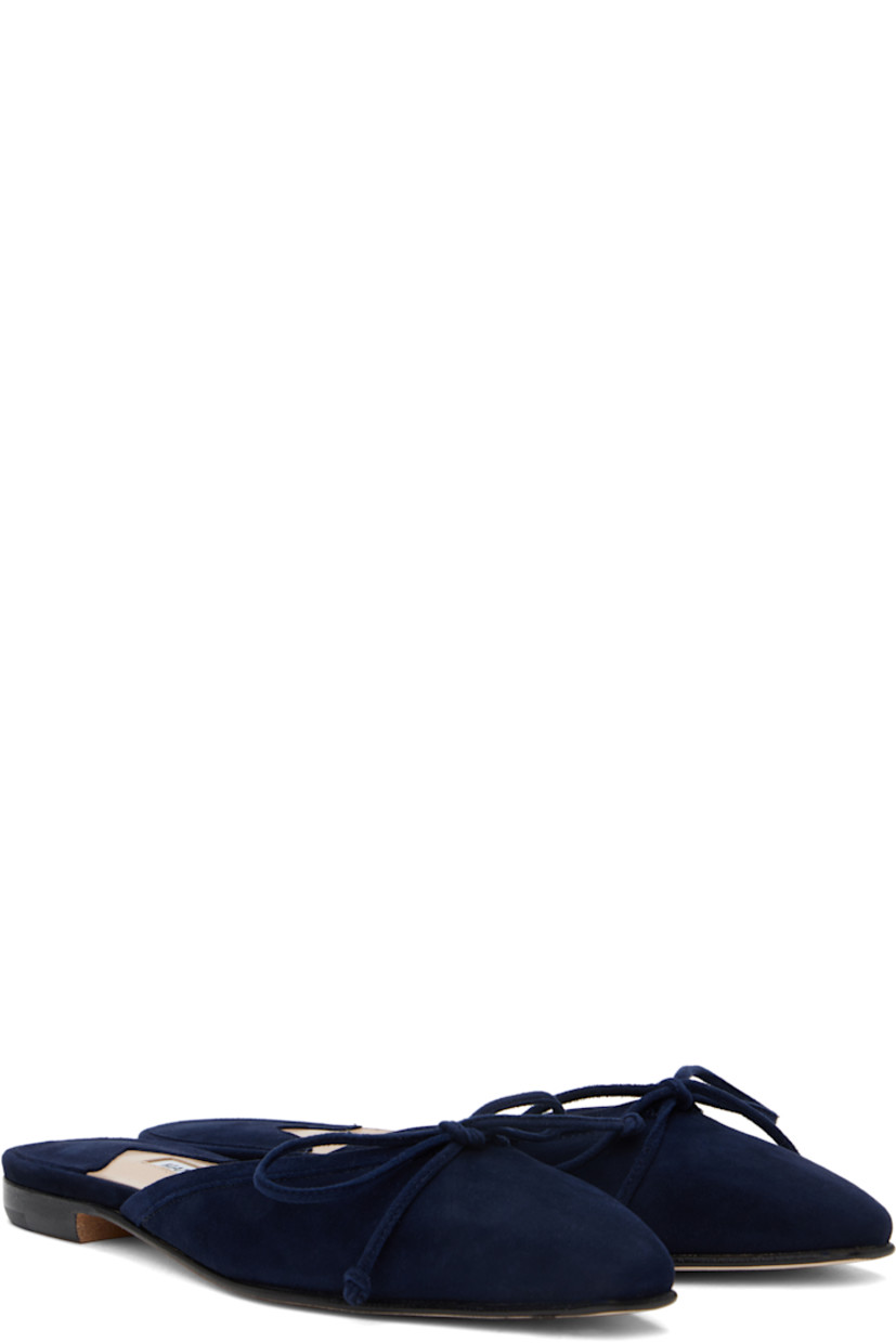 Handcrafted suede slip-on ballerina flats in navy.

· Almond toe
· Bow accent at vamp
· Logo patch at padded footbed
· Buffed goatskin lining
· Stacked leather heel with rubber injection
· Leather sole

Supplier color: Navy