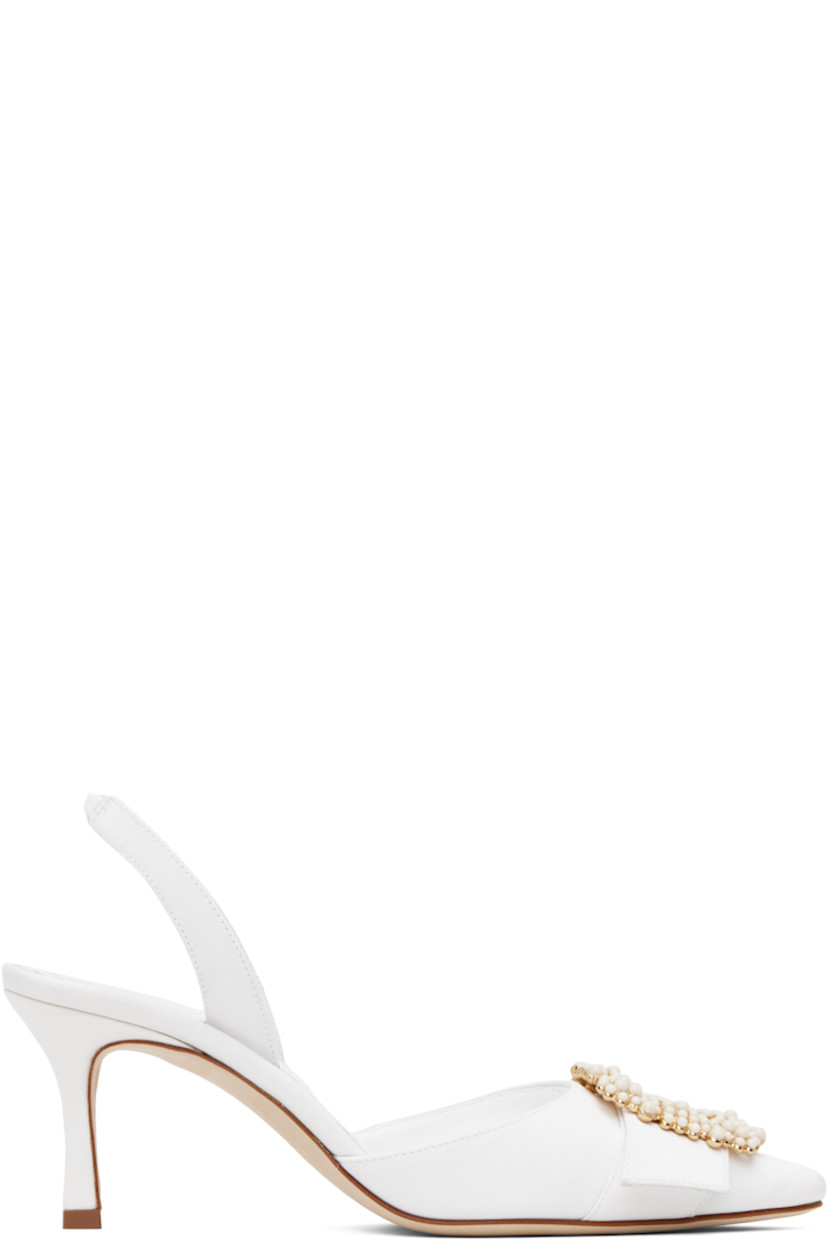 Handcrafted satin heels in white.

· Pointed toe
· Graphic hardware with faux-pearls at vamp
· Partially elasticized slingback strap
· Buffed leather lining
· Covered stiletto heel with rubber injection
· Leather sole
· Heel: H2.75"

Supplier color: Mcrm/Yoth