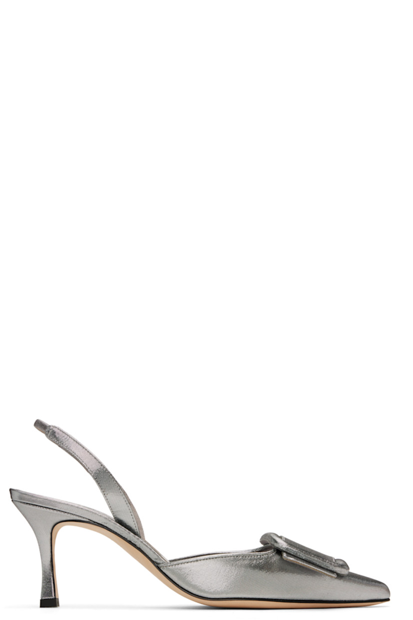 Handcrafted cotton canvas heels in silver tone.

· Pointed toe
· Buckle hardware at vamp
· Partially elasticized slingback strap
· Inset logo patch at padded footbed
· Buffed leather lining
· Covered kitten heel with rubber injection
· Nubuck sole
· Heel: H2.75"

Supplier color: Graphite