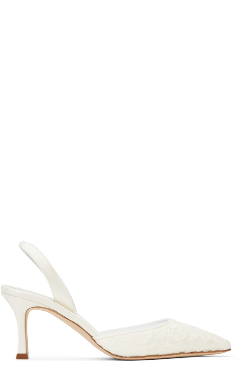 Handcrafted satin and lace heels in off-white.

· Pointed toe
· Partially elasticized slingback strap
· Inset logo patch at padded footbed
· Buffed kidskin lining
· Covered heel with rubber injection
· Nubuck sole
· Heel: H2.75"

Supplier color: Cream