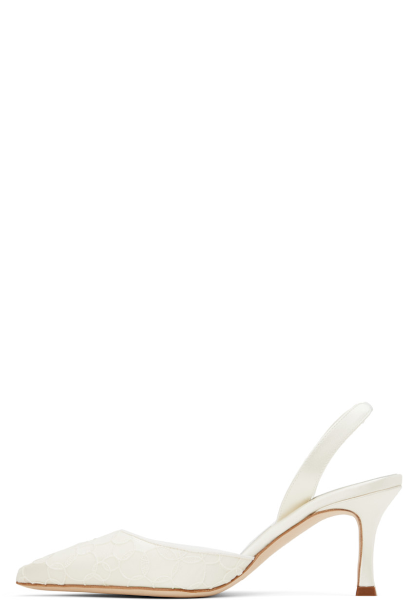 Handcrafted satin and lace heels in off-white.

· Pointed toe
· Partially elasticized slingback strap
· Inset logo patch at padded footbed
· Buffed kidskin lining
· Covered heel with rubber injection
· Nubuck sole
· Heel: H2.75"

Supplier color: Cream